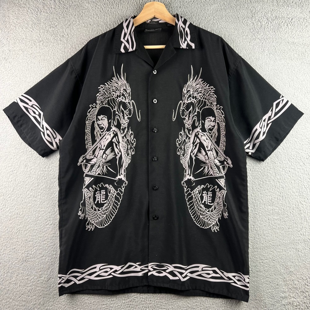 Bruce Lee Dragon Graphic Button Down Shirt Mens Medium Short Sleeve oversized